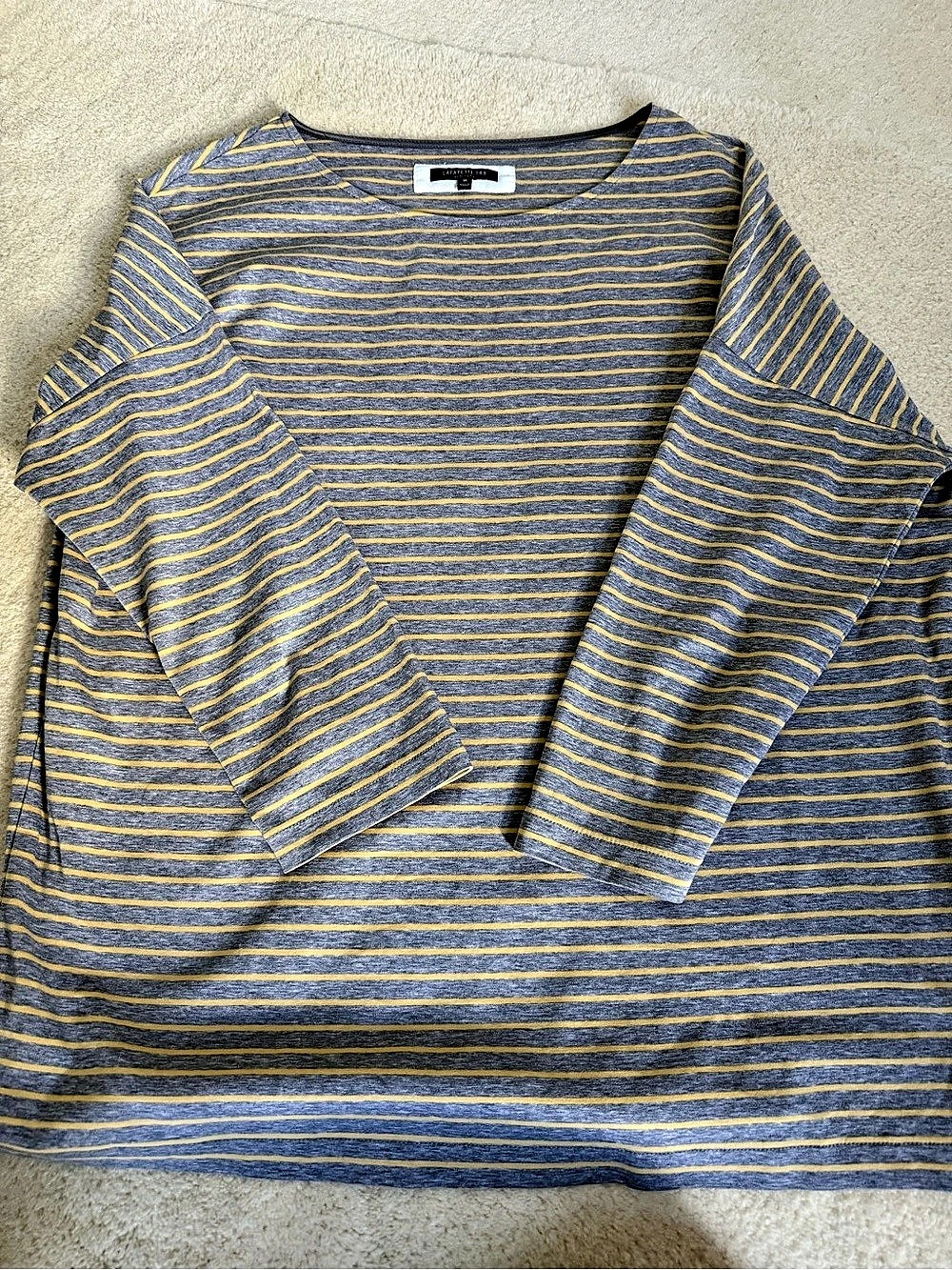 Lafayette 148 New York Breton Stripe Cotton Jersey Boatneck Top Gray & Yellow